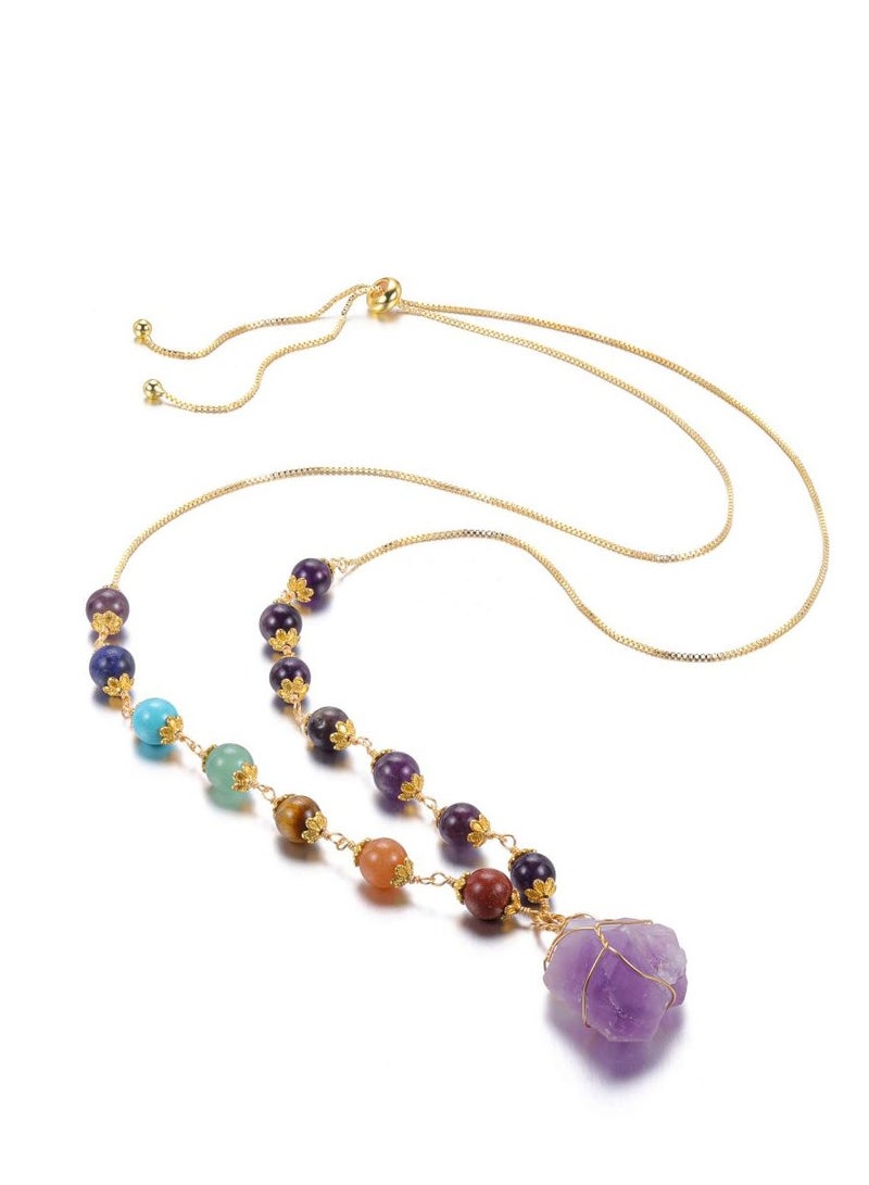 KASTWAVE Healing Stone Necklaces 7 Chakra Beads Necklace for Women Adjustable 14K Gold Plated Wire Wrapped Raw Quartz Crystal Pendant Necklace Gemstone Jewelry Mothers Day Gift - Image 1