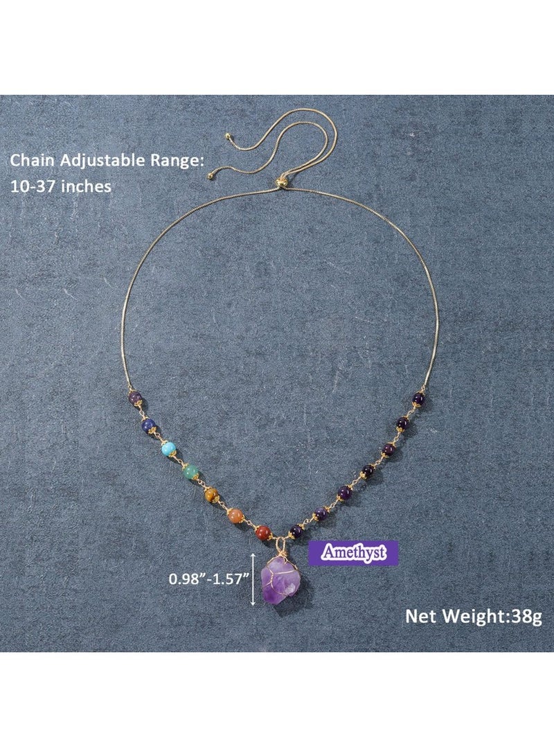 KASTWAVE Healing Stone Necklaces 7 Chakra Beads Necklace for Women Adjustable 14K Gold Plated Wire Wrapped Raw Quartz Crystal Pendant Necklace Gemstone Jewelry Mothers Day Gift - Image 3