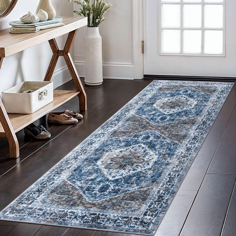 KOZYFLY Runners for Hallways 2x6 Ft Washable Kitchen Runner Rug Boho Runner Rug for Entryway Indoor Blue Printed Oriental Faux Wool Floor Carpet Runner for Bedroom Kitchen Hall
