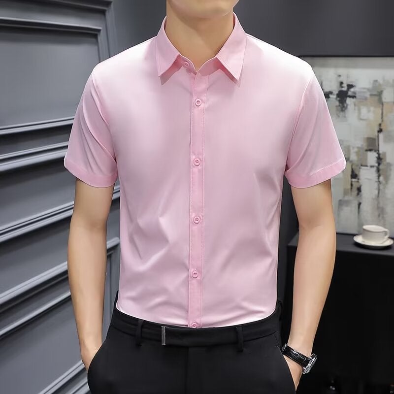 Mens Short-sleeved Shirt 2024 Spring and Summer Slim-fit Work Top Business Casual Solid Color Half-sleeved Shirt Pink - Image 1
