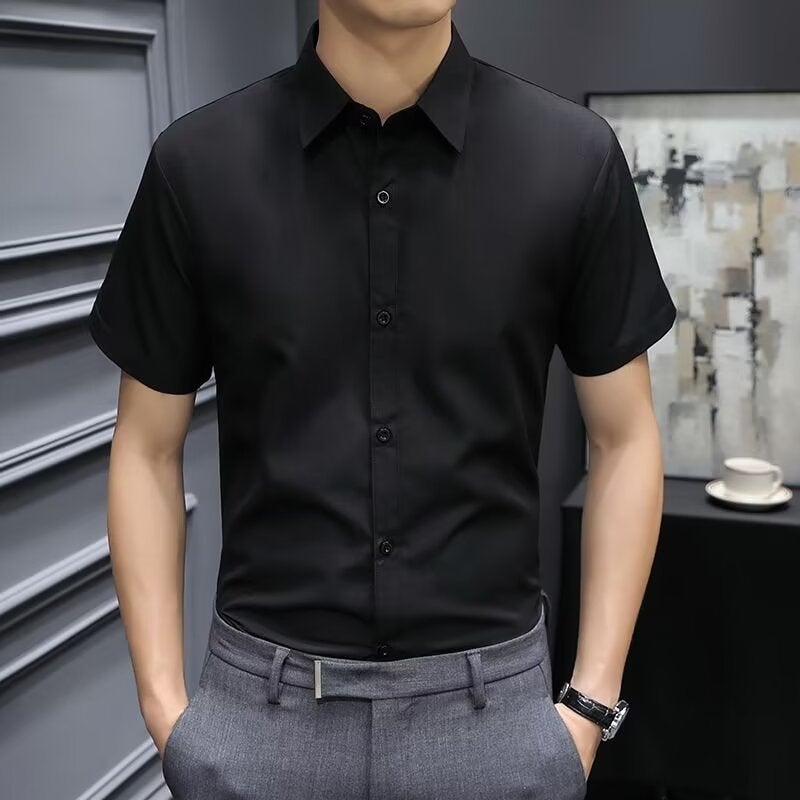 Mens Short-sleeved Shirt 2024 Spring and Summer Slim-fit Work Top Business Casual Solid Color Half-sleeved Shirt Pink - Image 4