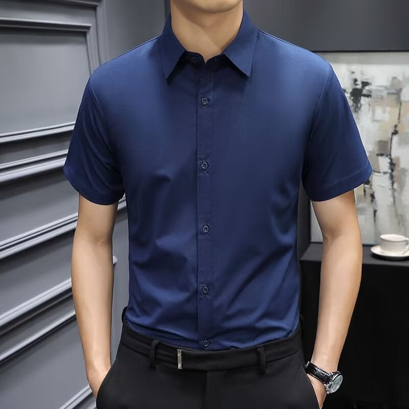 Mens Short-sleeved Shirt 2024 Spring and Summer Slim-fit Work Top Business Casual Solid Color Half-sleeved Shirt Pink - Image 2