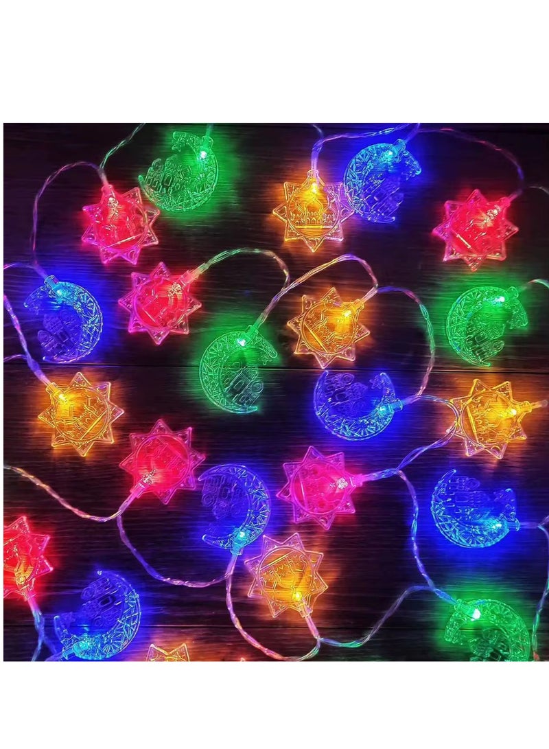 زينة رمضان مصابيح LED سلسلة بتصميم فانوس قمر ونجمة تعمل بالبطارية للاستخدام الداخلي والخارجي أضواء متلألئة متعددة الألوان بطول 3 أمتار و20 مصباح LED - Image 1