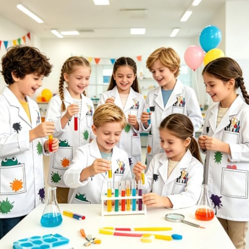 Scientist Costume Set, White Lab Coat with Frog Pattern, Glasses, Gloves, Bow Tie, Wig, Polyester, Ages 2-12, 5-Piece STEM Scientist Lab Coat Costume Set, Role Play - Image 5