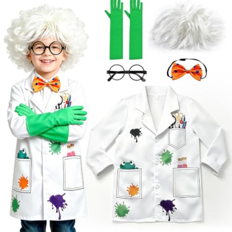 Scientist Costume Set, White Lab Coat with Frog Pattern, Glasses, Gloves, Bow Tie, Wig, Polyester, Ages 2-12, 5-Piece STEM Scientist Lab Coat Costume Set, Role Play - Image 1