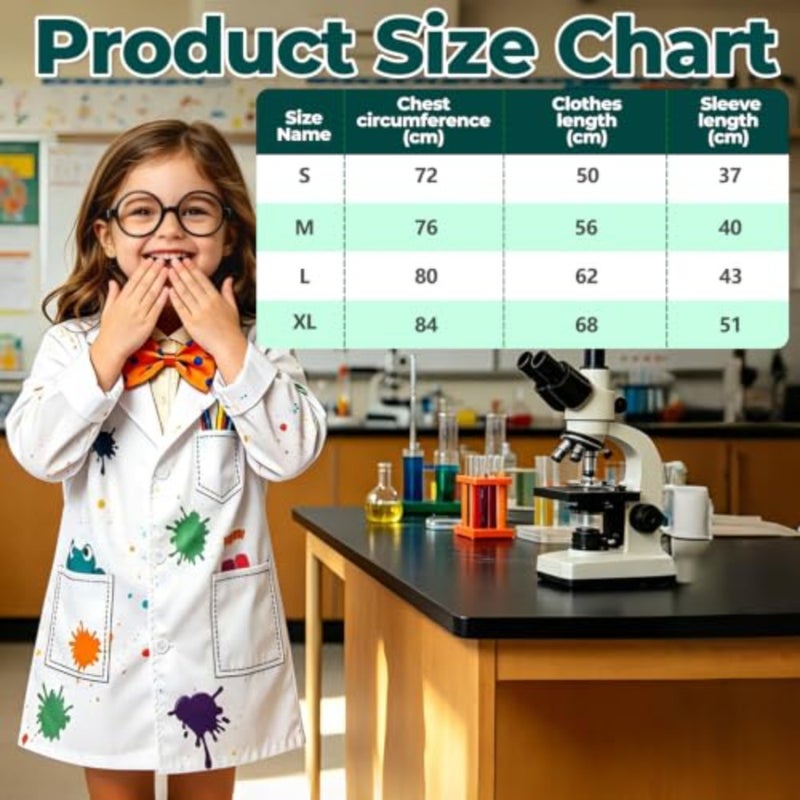 Scientist Costume Set, White Lab Coat with Frog Pattern, Glasses, Gloves, Bow Tie, Wig, Polyester, Ages 2-12, 5-Piece STEM Scientist Lab Coat Costume Set, Role Play - Image 4