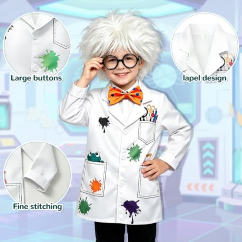 Scientist Costume Set, White Lab Coat with Frog Pattern, Glasses, Gloves, Bow Tie, Wig, Polyester, Ages 2-12, 5-Piece STEM Scientist Lab Coat Costume Set, Role Play - Image 2