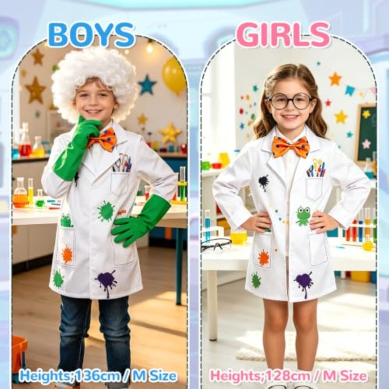 Scientist Costume Set, White Lab Coat with Frog Pattern, Glasses, Gloves, Bow Tie, Wig, Polyester, Ages 2-12, 5-Piece STEM Scientist Lab Coat Costume Set, Role Play - Image 3