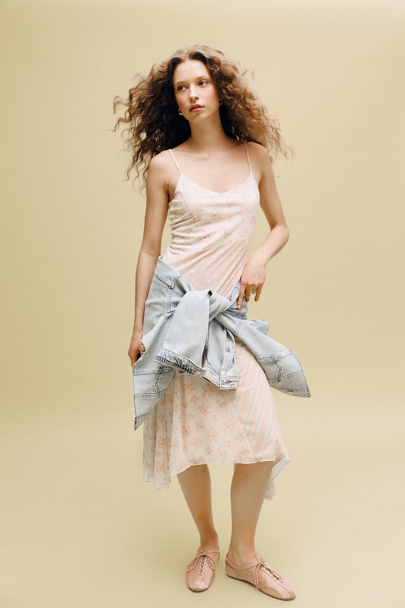 DeFacto Pink Woman Asymmetric V-Neck Tulle Midi Dress Casual - Image 1