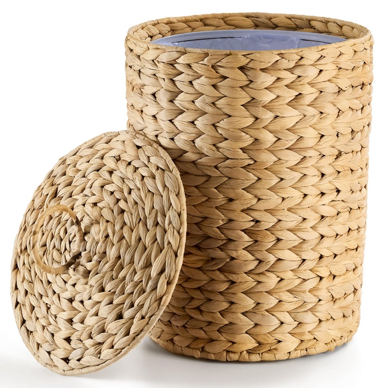 BLUEWEST 4.5 Gallons Wicker Trash Can with Lid, Handwoven Rattan Trash Can, Woven Decorative Wastebasket, Wicker Waste Basket with Removable Plastic Inner Bin for Bathroom, Bedroom, Office, or Kitchen - Image 1