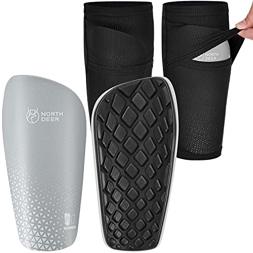 Northdeer Soccer Shin Pads for Kids incl. Sleeves with Optimized Insert Pocket - Protective Soccer Equipment Gear for Boys Girls (Grey M) - Image 1