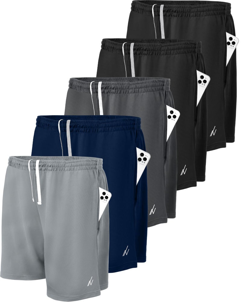 NY Threads 5 Pack Men's Athletic Shorts Quick Dry Loose-Fit Lightweight Running Workout Gym Shorts with Pockets, Medium, Black/Black/Navy/Dark Grey/Medium Grey - Image 1