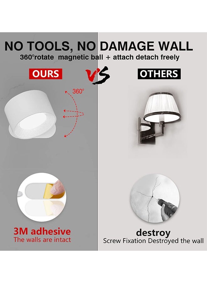 Alruht - LED Wall Sconce, Wall Mounted Lamp with USB Port, 3 Color Temperature and 3 Brightness Level, 360°Rotate Magnetic Ball, Cordless Wall Light for Reading Bedside, White - Image 1