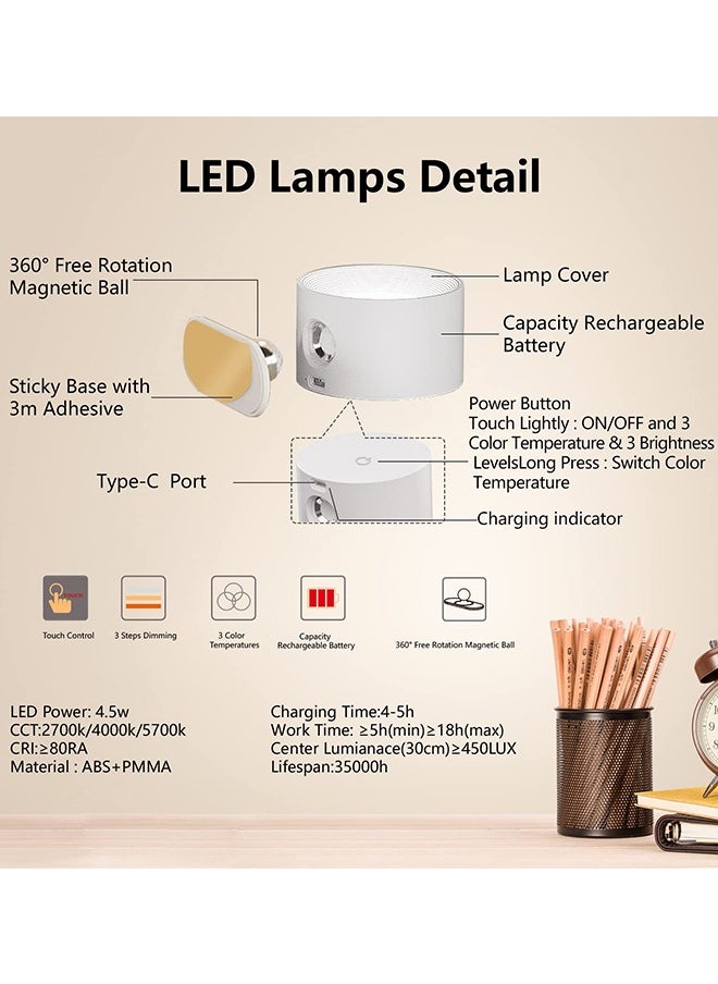 Alruht - LED Wall Sconce, Wall Mounted Lamp with USB Port, 3 Color Temperature and 3 Brightness Level, 360°Rotate Magnetic Ball, Cordless Wall Light for Reading Bedside, White - Image 1