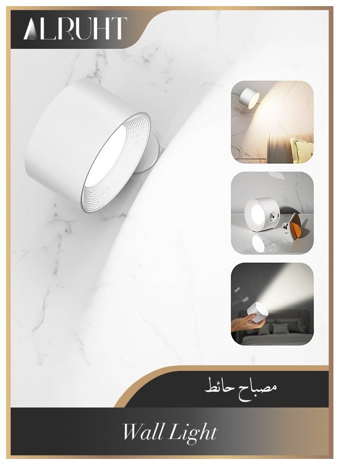 Alruht - LED Wall Sconce, Wall Mounted Lamp with USB Port, 3 Color Temperature and 3 Brightness Level, 360°Rotate Magnetic Ball, Cordless Wall Light for Reading Bedside, White - Image 1