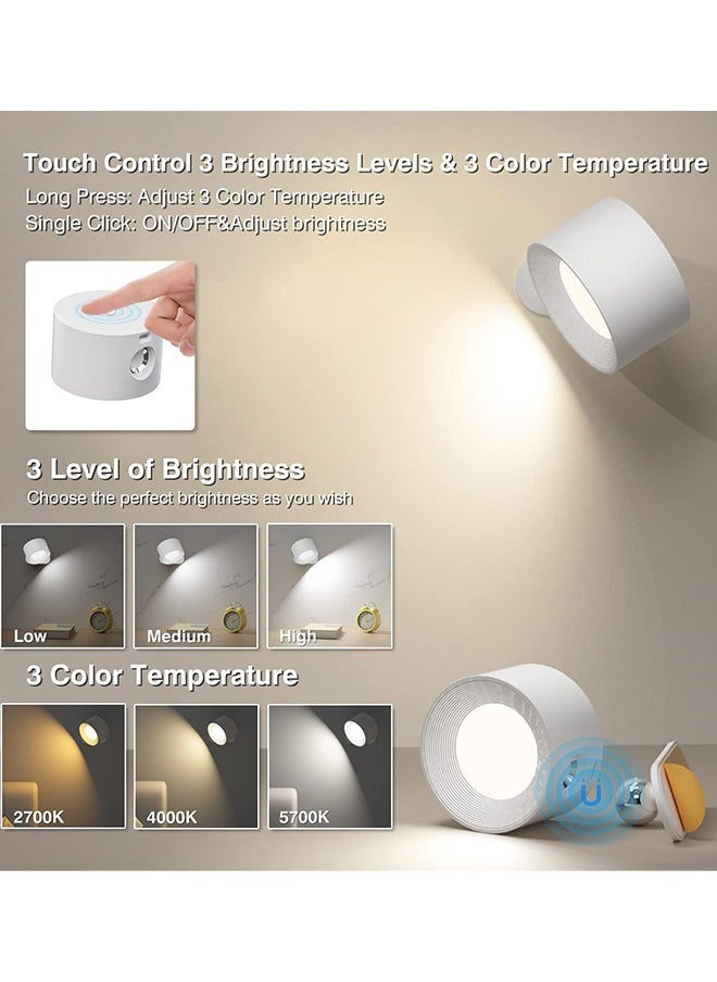 Alruht - LED Wall Sconce, Wall Mounted Lamp with USB Port, 3 Color Temperature and 3 Brightness Level, 360°Rotate Magnetic Ball, Cordless Wall Light for Reading Bedside, White - Image 1