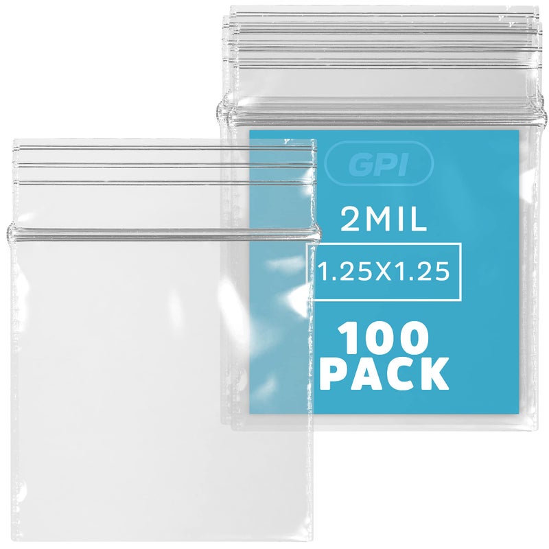 GPI - 1.25" x 1.25" Mini Zip Bags, Clear Plastic Reclosable Jewelry Bags, 2.5 Mil Thick, with Resealable Zip Top Lock for Jewelry, Pills, Meds, Powders, Beads, Seeds, etc. - 100 Pack