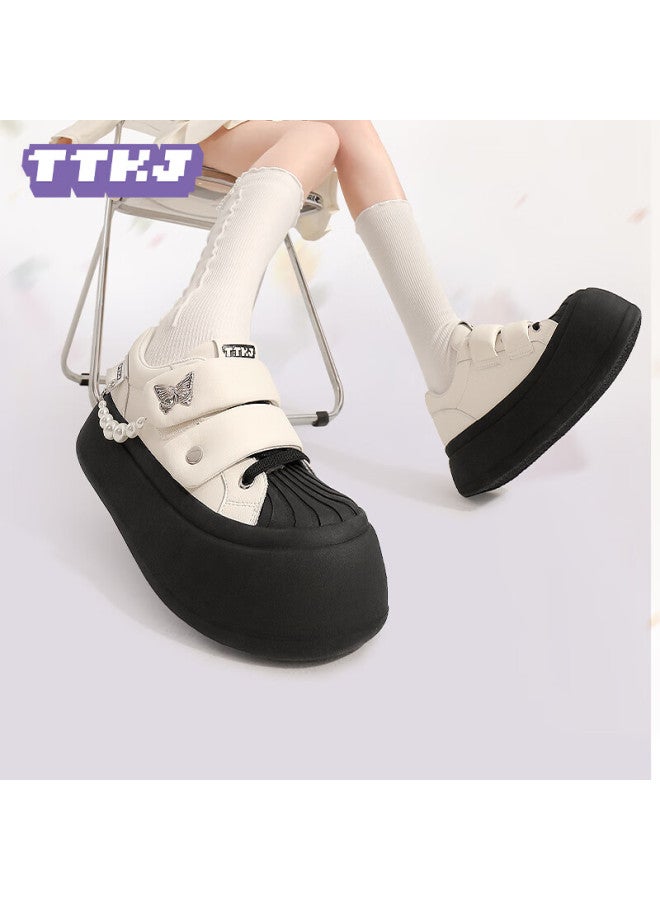 Ttkj Summer New Fashion Butterfly Velcro White Sneakers For Women, Comfortable Casual Shoes, Thick-soled Heightening Pearl Board Shoes - Image 1