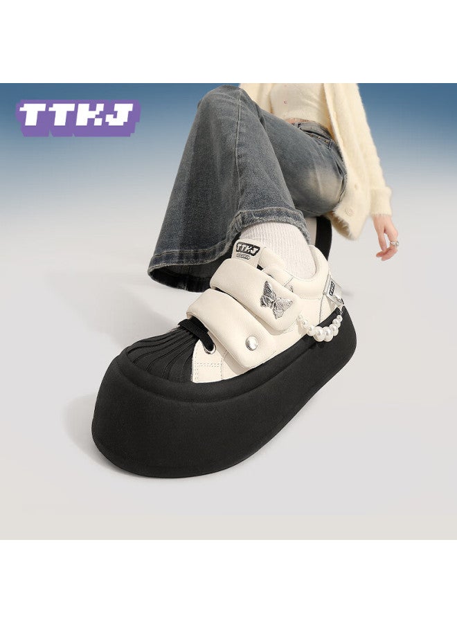 Ttkj Summer New Fashion Butterfly Velcro White Sneakers For Women, Comfortable Casual Shoes, Thick-soled Heightening Pearl Board Shoes - Image 5