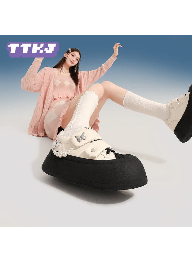 Ttkj Summer New Fashion Butterfly Velcro White Sneakers For Women, Comfortable Casual Shoes, Thick-soled Heightening Pearl Board Shoes - Image 3