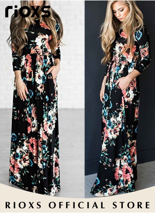 RIOXS - Women Casual Loose Maxi Dress Long Sleeve Floral Printed Long Dress With Pockets - Image 1