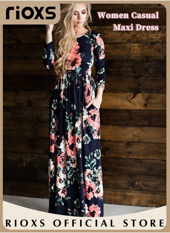 RIOXS - Women Casual Loose Maxi Dress Long Sleeve Floral Printed Long Dress With Pockets - Image 1
