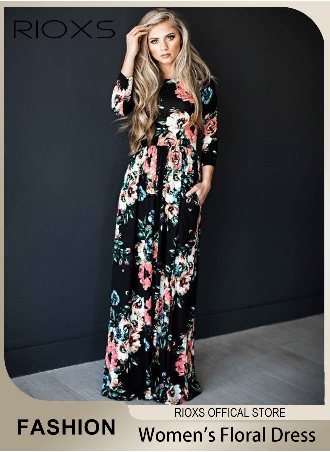 RIOXS - Women Casual Loose Maxi Dress Long Sleeve Floral Printed Long Dress With Pockets - Image 1