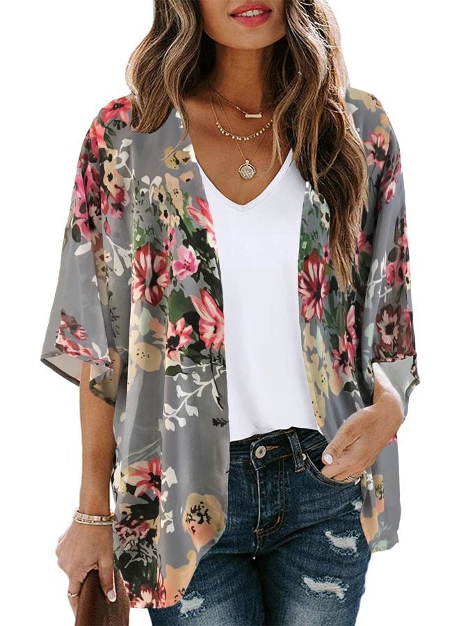 CHICGAL Women's Floral Print Short Sleeve Shawl Chiffon Kimono Cardigan Casual Blouse Tops(Dark Grey M) - Image 1