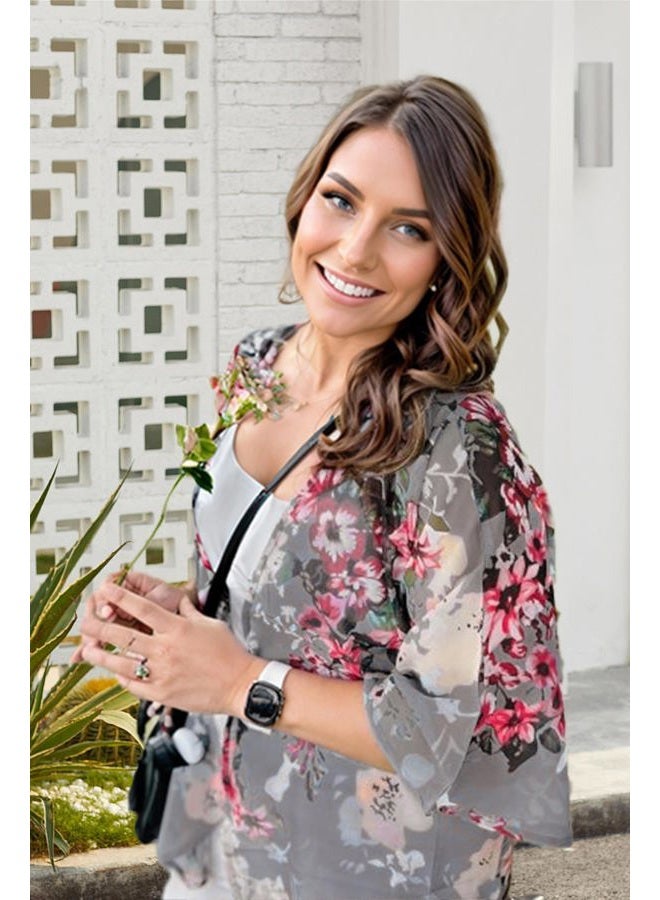 CHICGAL Women's Floral Print Short Sleeve Shawl Chiffon Kimono Cardigan Casual Blouse Tops(Dark Grey M) - Image 2