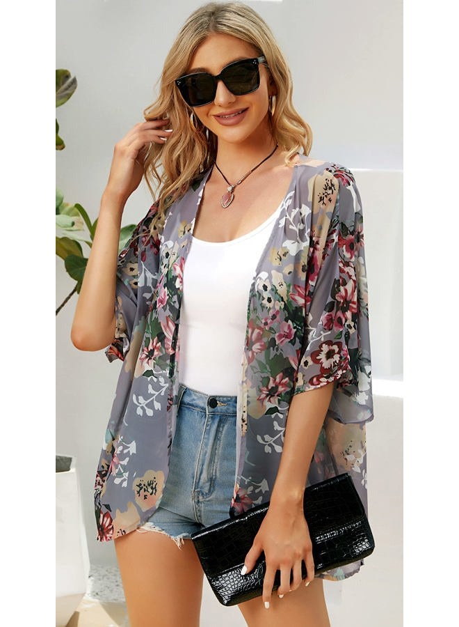CHICGAL Women's Floral Print Short Sleeve Shawl Chiffon Kimono Cardigan Casual Blouse Tops(Dark Grey M) - Image 5