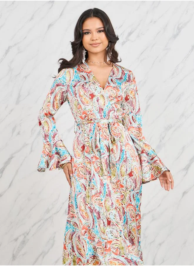 Styli Styli Paisley Print Ruffle Hem Wrap Maxi Dress