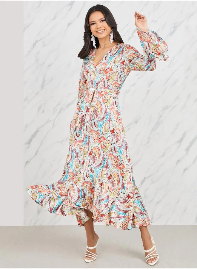 Styli Styli Paisley Print Ruffle Hem Wrap Maxi Dress
