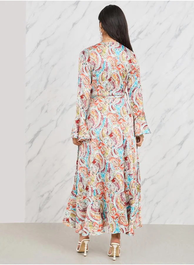 Styli Styli Paisley Print Ruffle Hem Wrap Maxi Dress