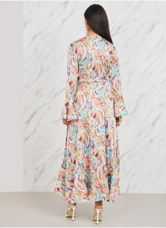 Styli Styli Paisley Print Ruffle Hem Wrap Maxi Dress