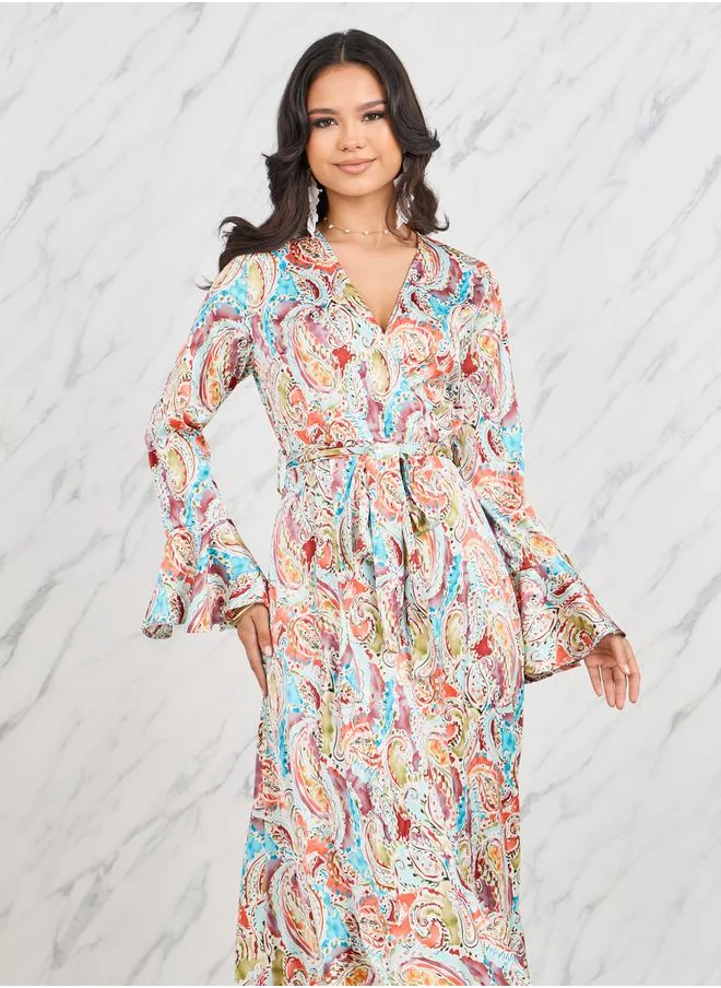 Styli Paisley Print Ruffle Hem Wrap Maxi Dress