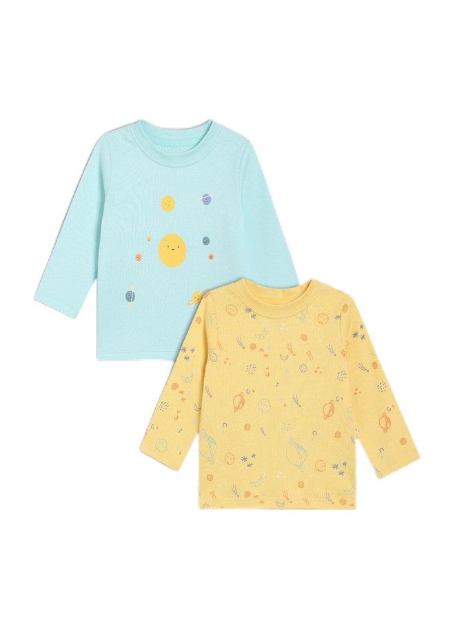miniklub Baby Boys Round Neck Knitted Cotton T-Shirt, Pack of 2, Yellow/Pool (18-24M) - Image 1
