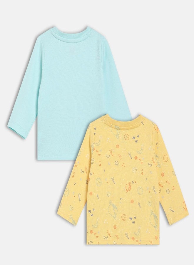 miniklub Baby Boys Round Neck Knitted Cotton T-Shirt, Pack of 2, Yellow/Pool (18-24M) - Image 2