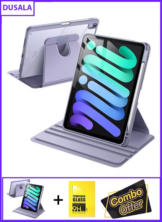 DUSALA 2 in 1 Rotating Case for iPad mini (A17 Pro, 2024 Model, 7th Generation) / mini 6 (2021 Model, 6th Generation) with Pencil Holder,360 Degree Rotation Protective Stand Slim Cover Clear Back, Auto Wake/Sleep With Tempered Glass - Image 1
