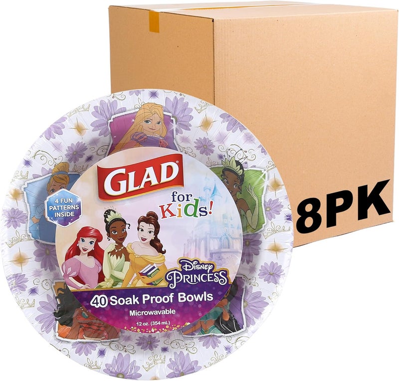Glad for Kids Disney Princess 12oz Paper Bowls Disney Princess Paper Bowls, Kids Bowls, Kid-Friendly Paper Bowls for Everyday Use, 12oz Paper Bowls, 40 Count - 8 Pack - Image 1