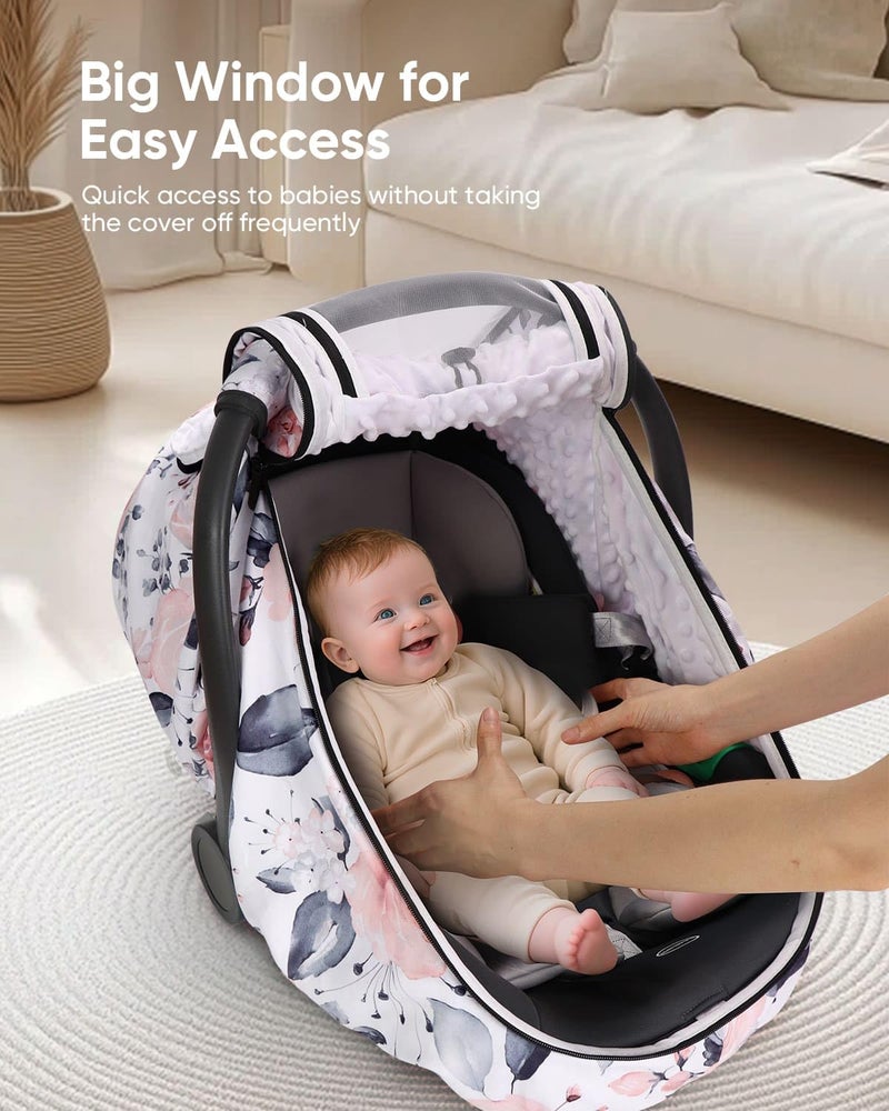 Sweetwavet Pink Floral Car Seat Cover for Baby Girls - Infant Canopy with Mesh and Sun Shade - Image 4