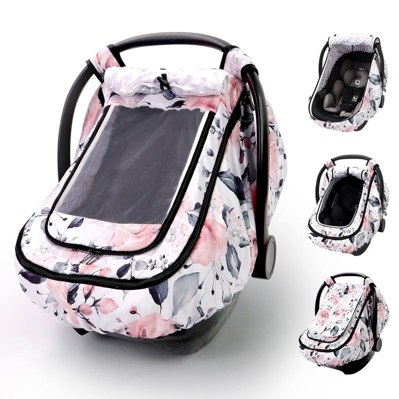 Sweetwavet Pink Floral Car Seat Cover for Baby Girls - Infant Canopy with Mesh and Sun Shade - Image 1