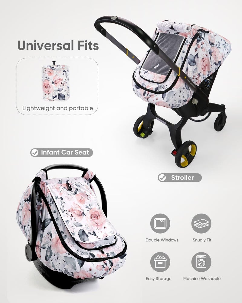 Sweetwavet Pink Floral Car Seat Cover for Baby Girls - Infant Canopy with Mesh and Sun Shade - Image 5
