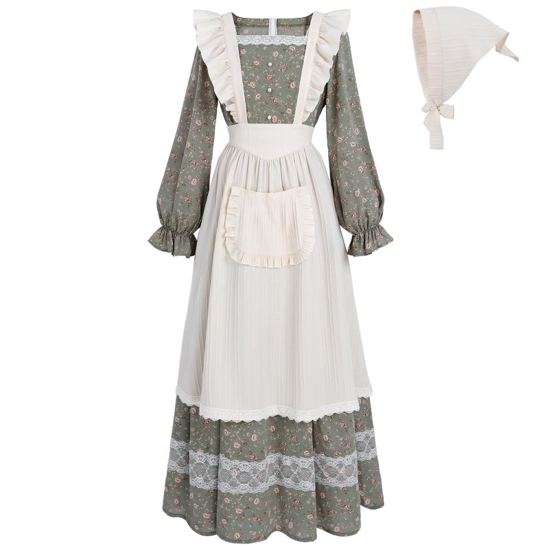 FCCAM FCCAM FCCAM Prairie Dress Women Floral Colonial Costume Women with Pioneer Apron 1800s American Historical Dress XXL - Image 4