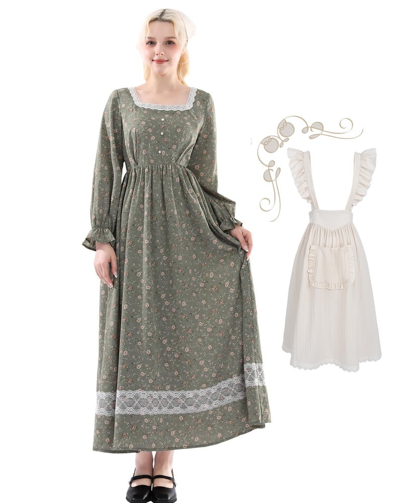 FCCAM FCCAM FCCAM Prairie Dress Women Floral Colonial Costume Women with Pioneer Apron 1800s American Historical Dress XXL - Image 2