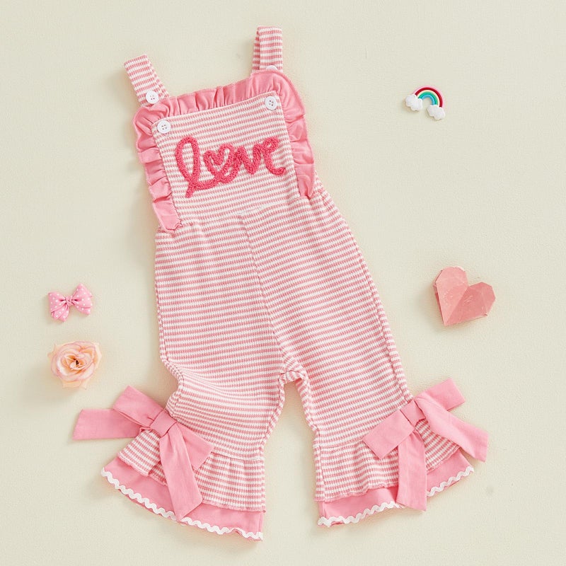 Mieeyali Girls Valentines Day Outfit Overalls Heart Romper Baby Girl Valentines Outfit Bell Bottoms Suspender Jumpsuit (Pink Love, 18-24 Months) - Image 4