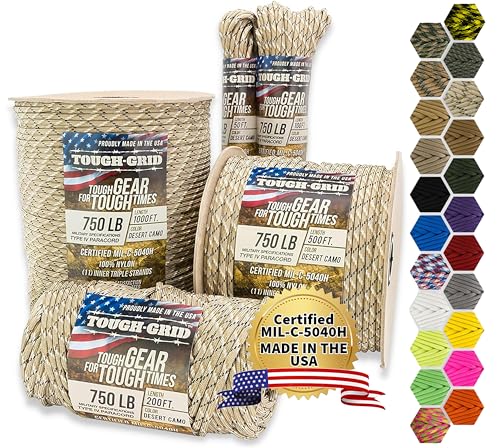 TOUGH-GRID 750 Paracord Rope Nylon Parachute Cord, Made in USA Survival Kit, Outdoor Adventures, Camping, Tactical Gear & Emergency Supplies, Military Type IV Mil-Spec - Image 1