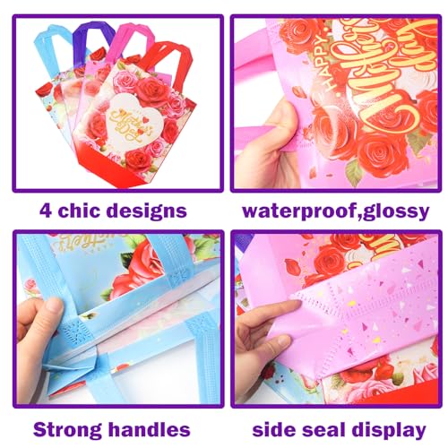 HADDIY Happy Mother's Day Tote Gift Bags with Handles,16 Pcs Bulk Floral Non-Woven Love Mom Candy Bags for Gift Wrapping and Mother Day Party Favor-9x8.7x4.3 inches - Image 3