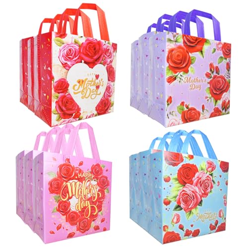 HADDIY Happy Mother's Day Tote Gift Bags with Handles,16 Pcs Bulk Floral Non-Woven Love Mom Candy Bags for Gift Wrapping and Mother Day Party Favor-9x8.7x4.3 inches - Image 1