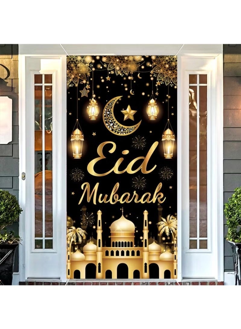 جمورو غطاء باب رمضان مبارك، زينة عيد الفطر، هلال ونجوم، لافتة باب إسلامية مزخرفة، لوازم حفلات رمضان، 70.8 × 35.4 بوصة - Image 1