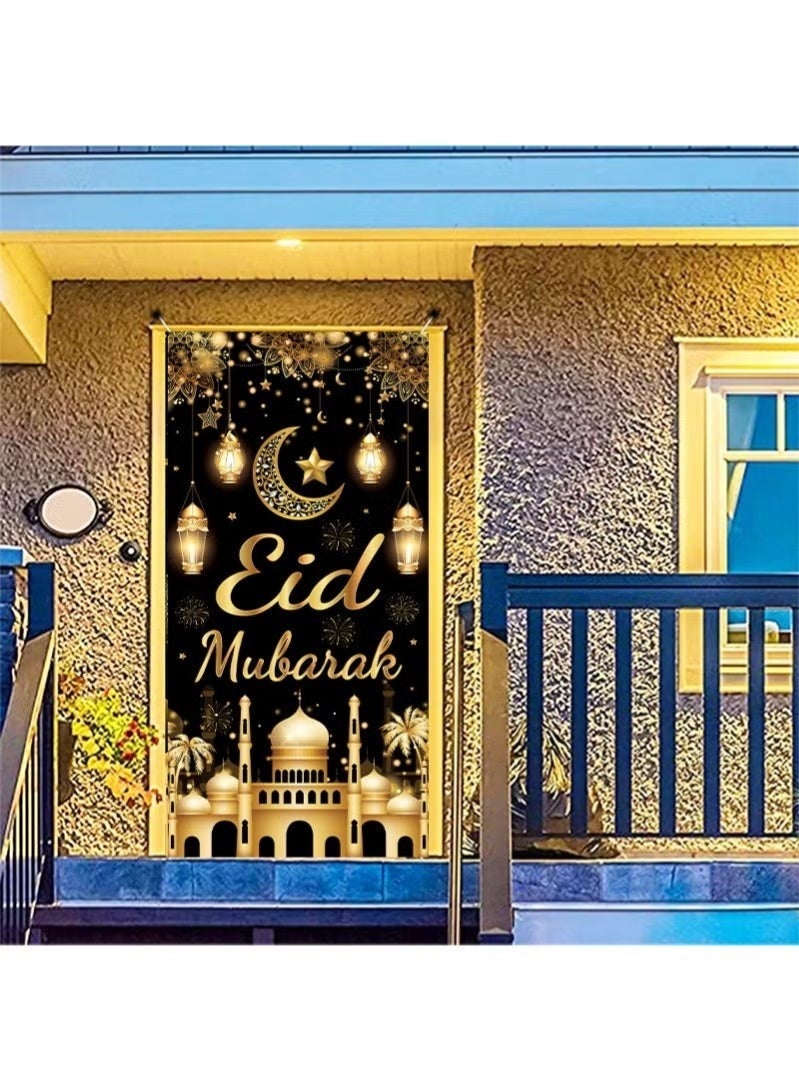 جمورو غطاء باب رمضان مبارك، زينة عيد الفطر، هلال ونجوم، لافتة باب إسلامية مزخرفة، لوازم حفلات رمضان، 70.8 × 35.4 بوصة - Image 2
